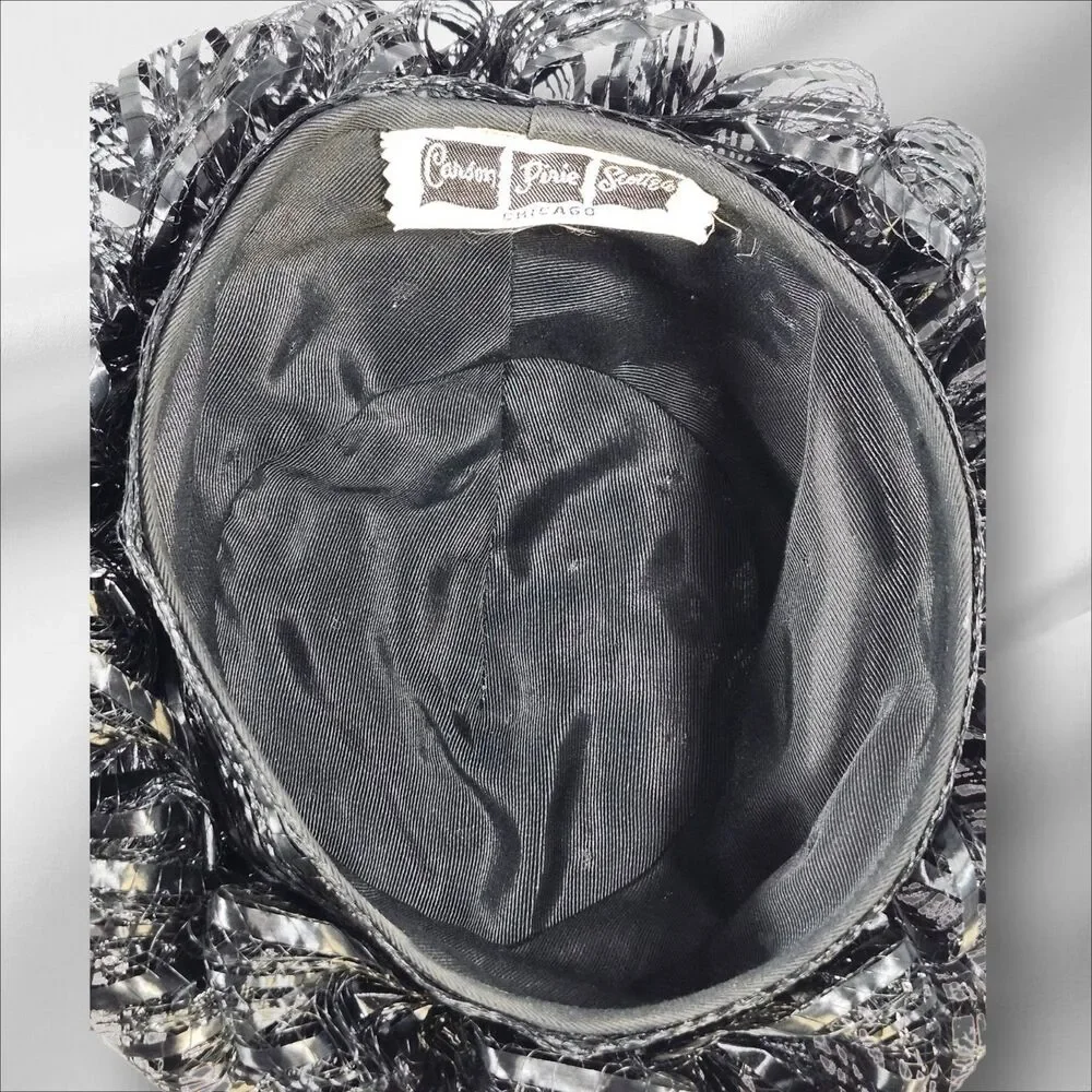 Vintage 1950s Carson Pirie Scott Black Cellophane Straw Bubble Toque Turban Hat